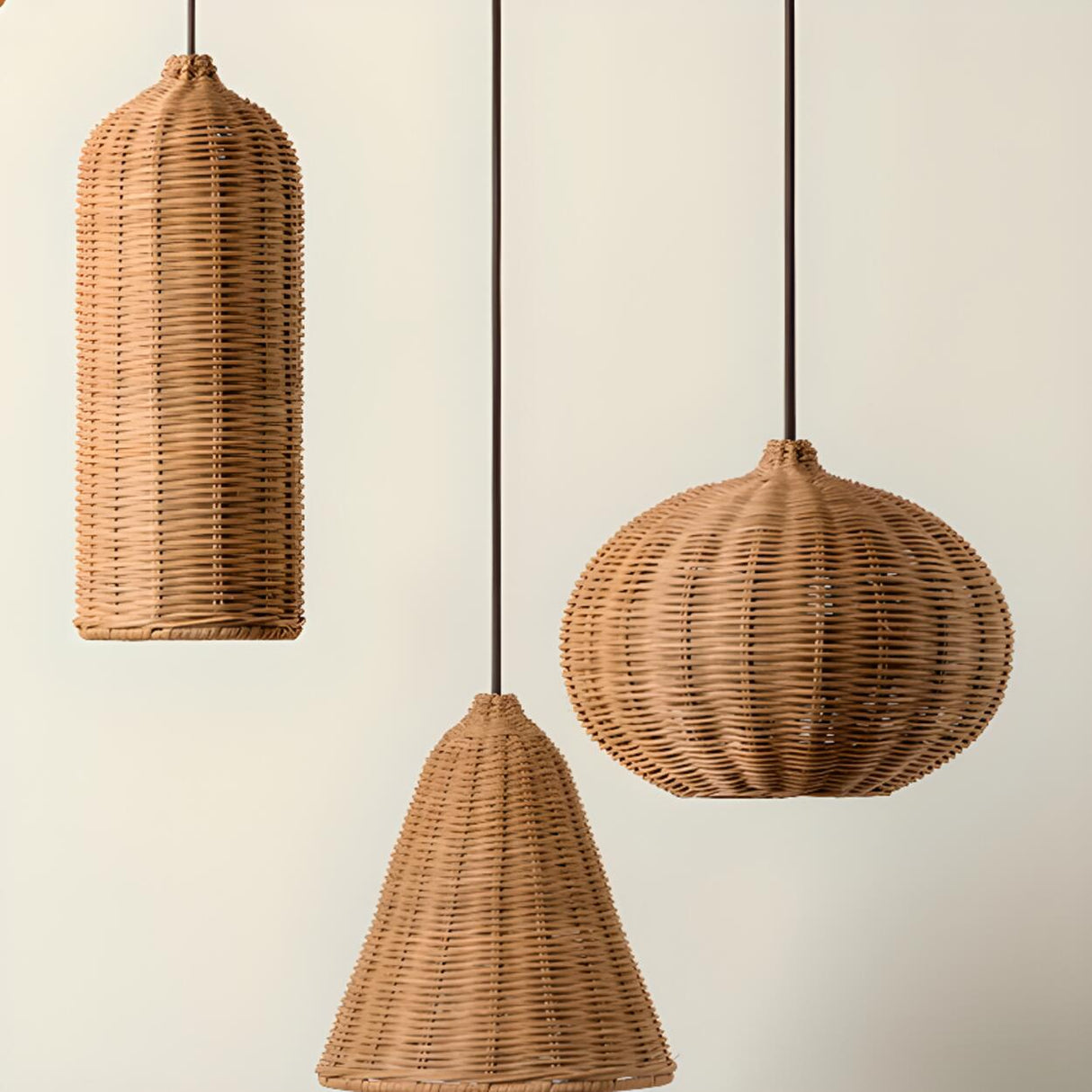 Rustic Eastern Cane Woven Rattan Pendant Light Set Image - 10