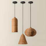 Rustic Eastern Cane Woven Rattan Pendant Light Set Image - 11