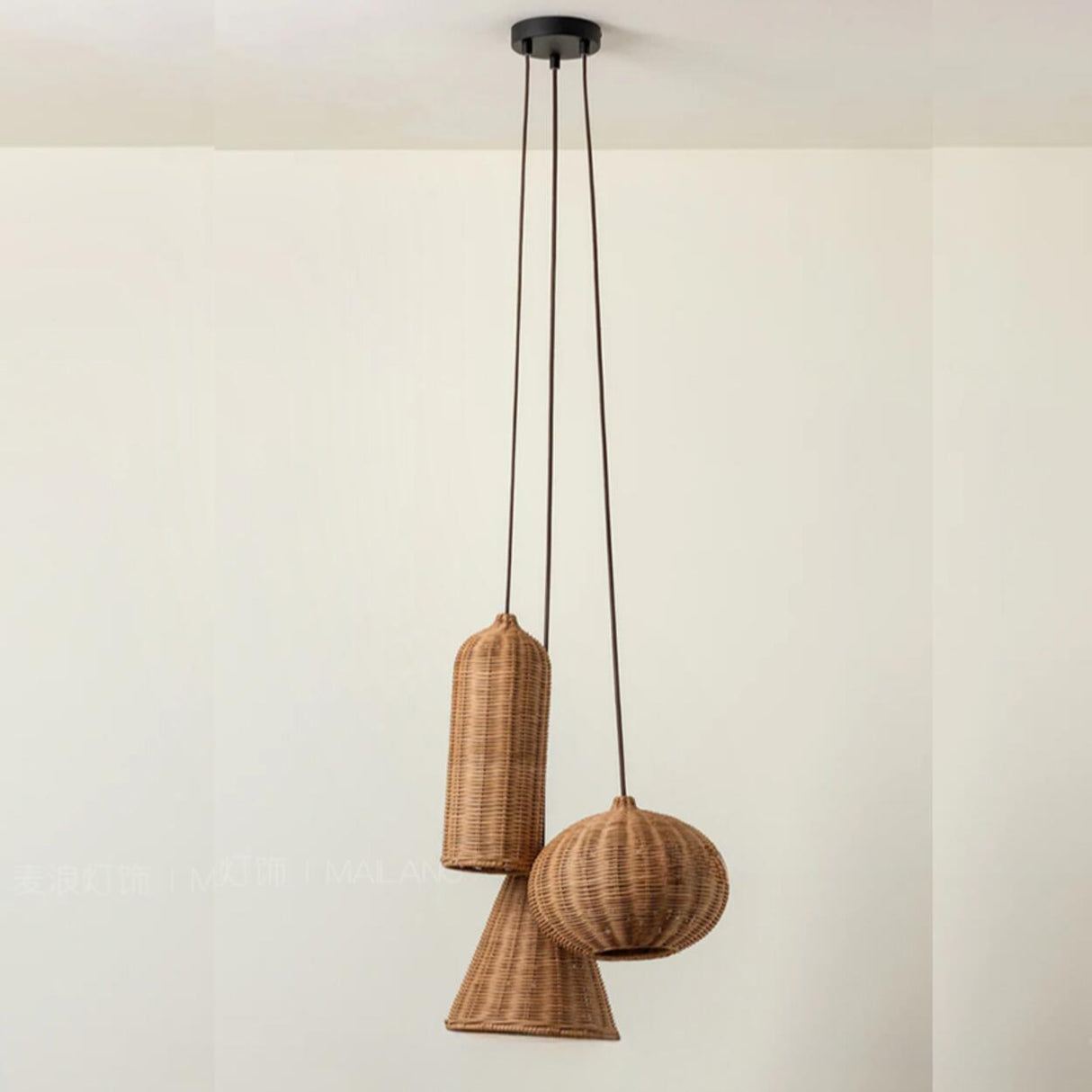 Rustic Eastern Cane Woven Rattan Pendant Light Set Image - 12