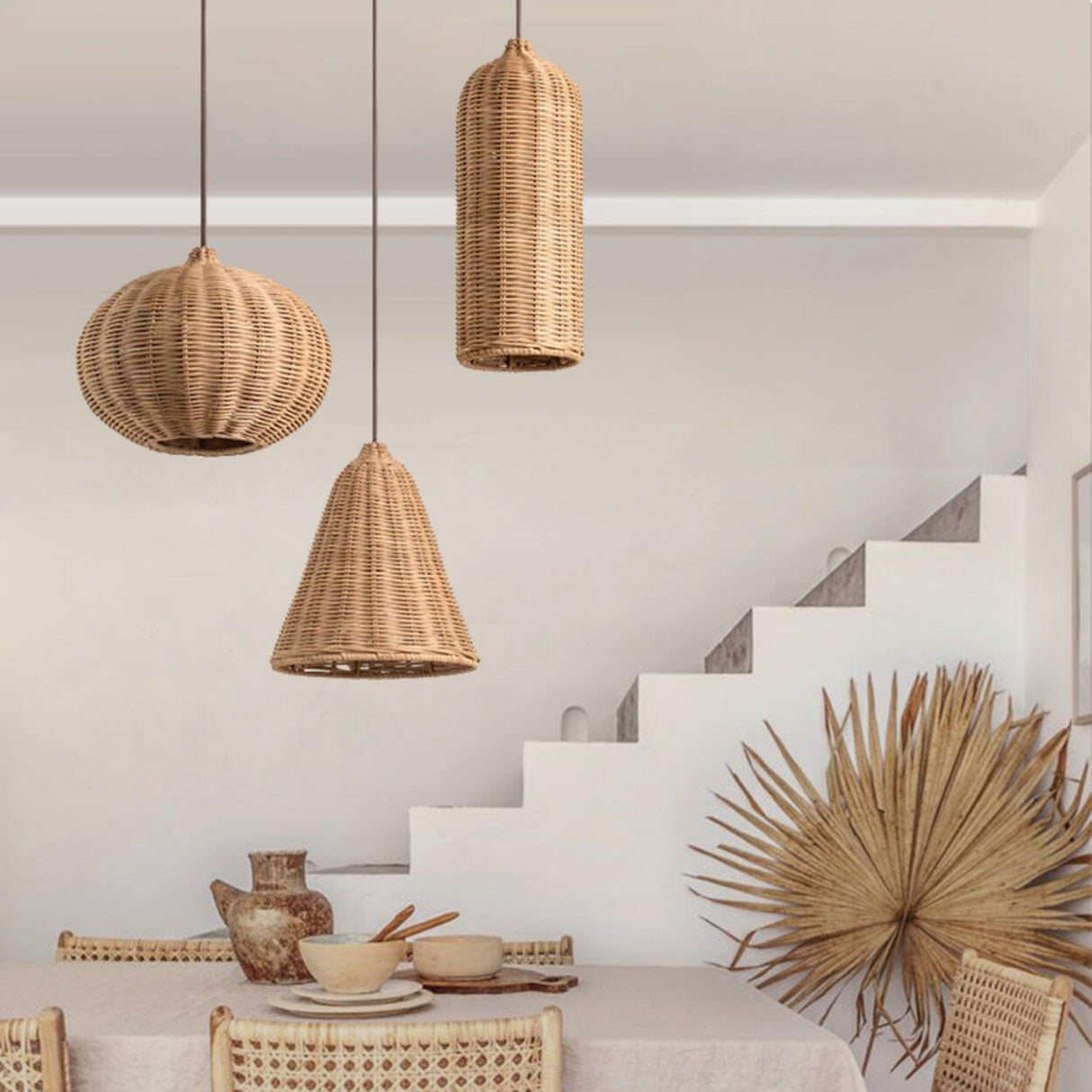 Rustic Eastern Cane Woven Rattan Pendant Light Set Image - 4