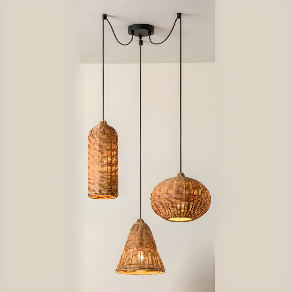 Rustic Eastern Cane Woven Rattan Pendant Light Set Image - 7