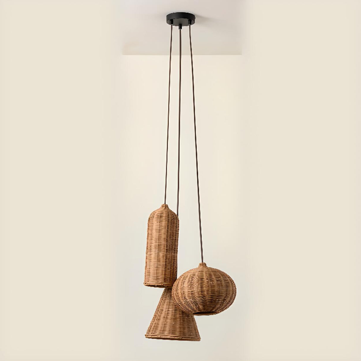 Rustic Eastern Cane Woven Rattan Pendant Light Set Image - 9