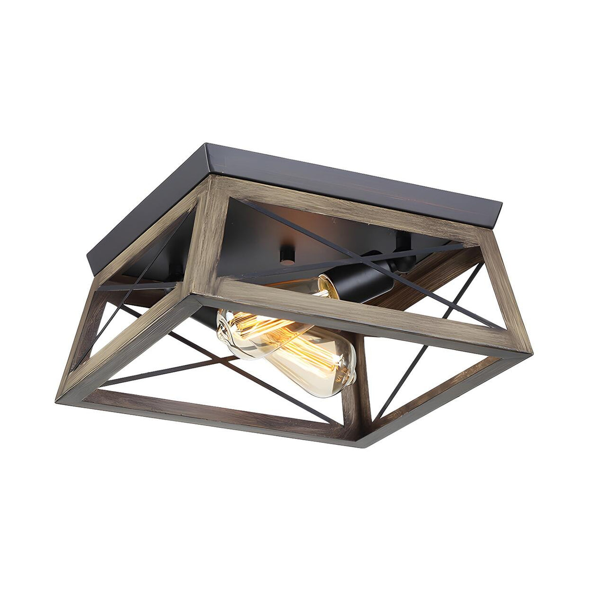 Rustic Entrance Mini Cuboid Wood Frame Flush Mount Lamp Image - 4