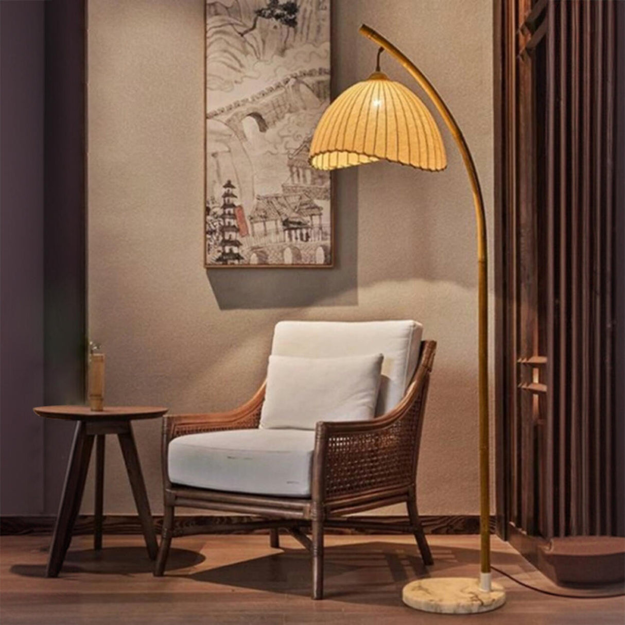 Rustic Fabric Cone and Marble Base Arched Floor Lamp Image - 2