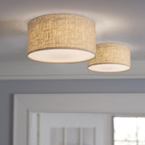 Rustic Fabric Cylinder Drum Flush Mount Ceiling Light Image - 1