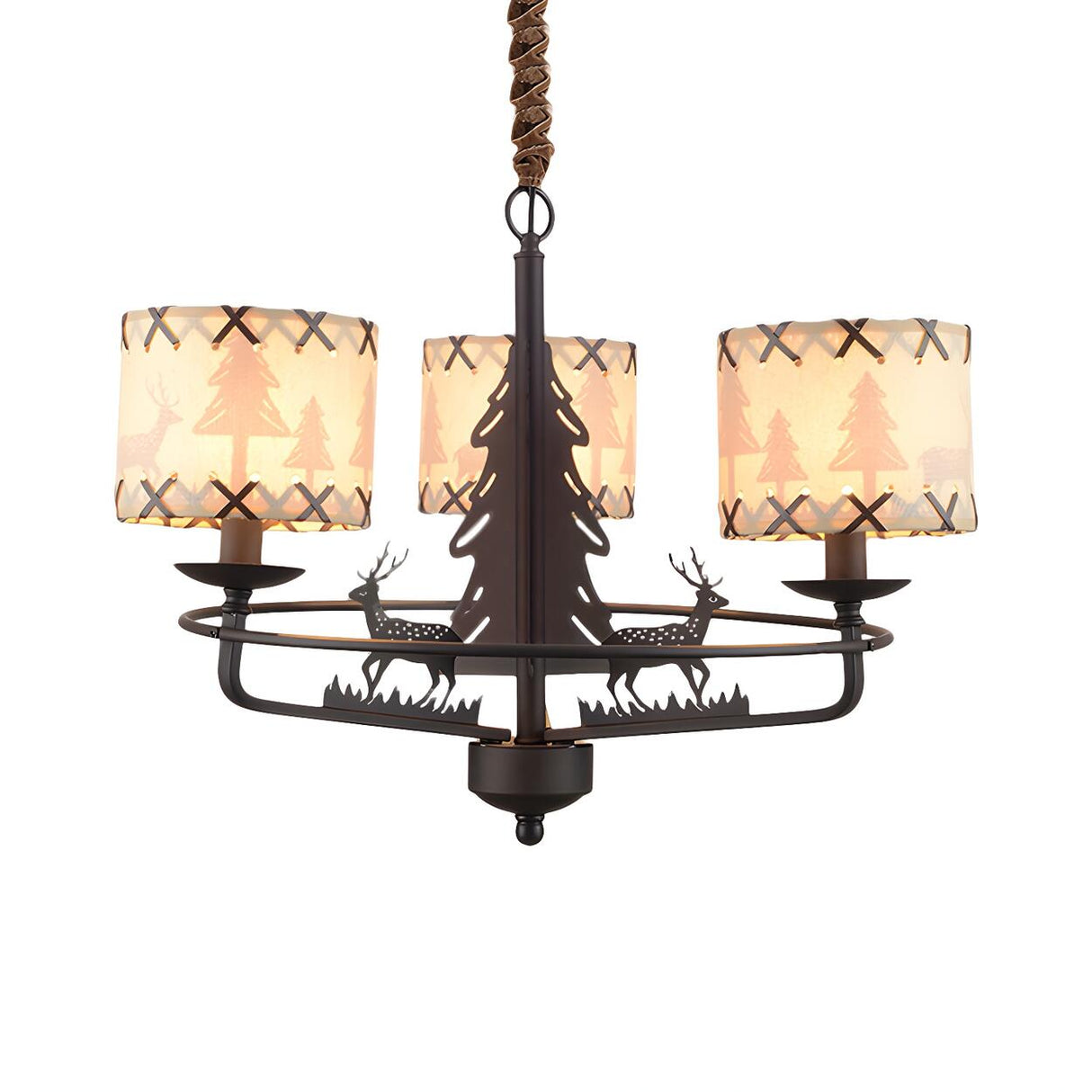 Rustic Forest Deer Beige Fabric Drum Pendant Chandelier Image - 3