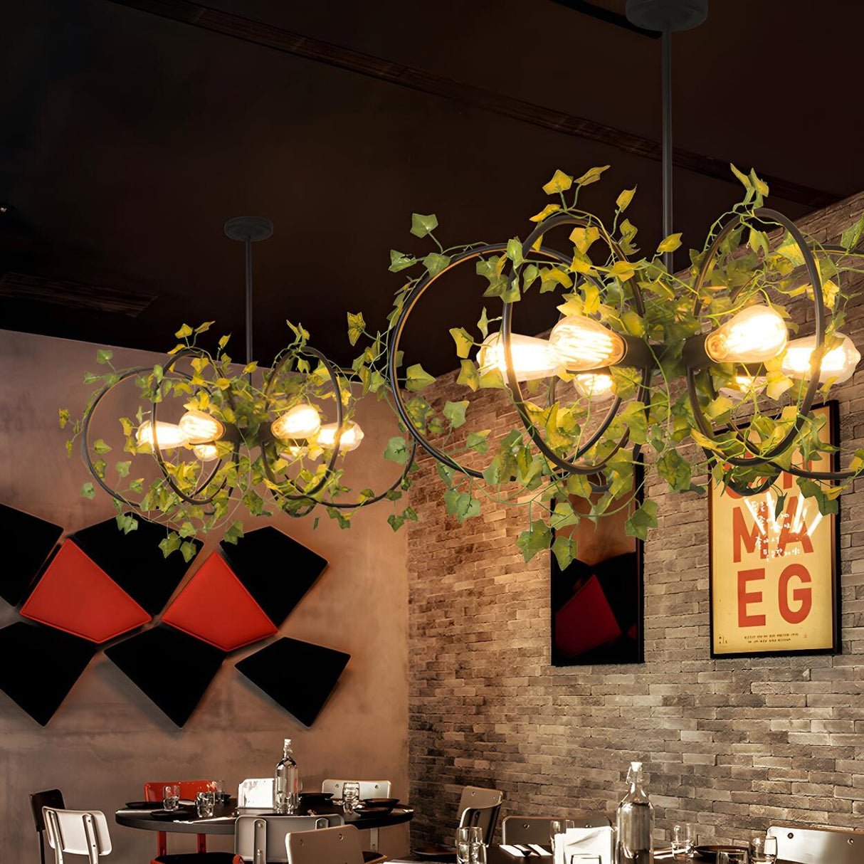 Rustic Industrial Restaurant Green Leaf Round Chandelier Image - 1