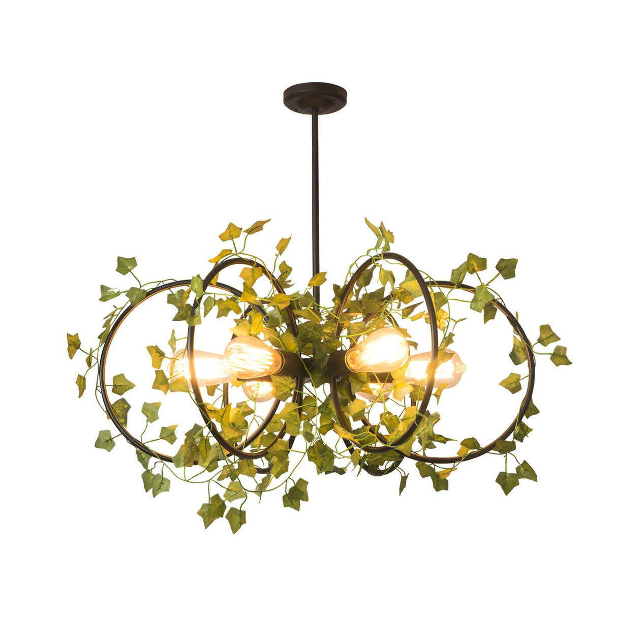 Rustic Industrial Restaurant Green Leaf Round Chandelier Image - 2