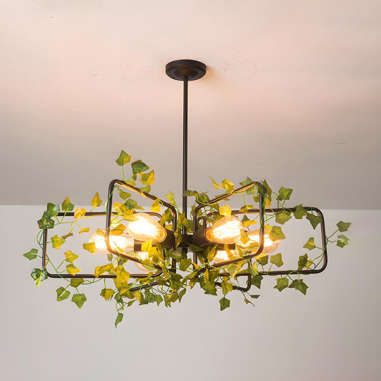 Rustic Industrial Restaurant Green Leaf Round Chandelier Image - 8