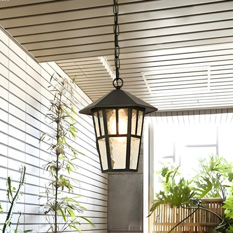 Rustic Lantern Outdoor Glass Black Frame Pendant Light Image - 1