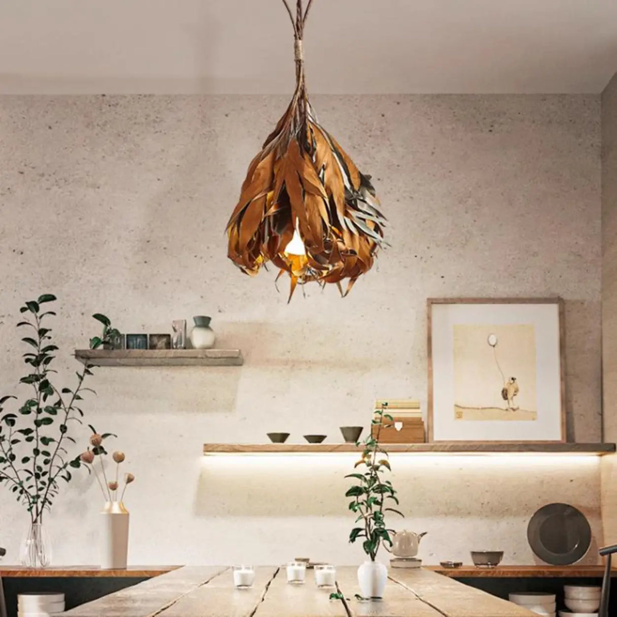 Rustic Leaf Wood Brown Dining Room Pendant Light Image - 2