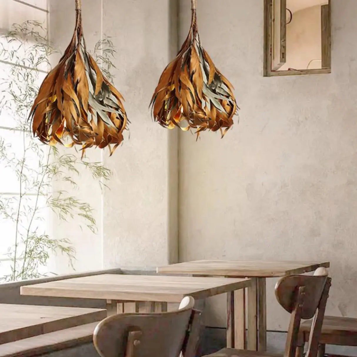 Rustic Leaf Wood Brown Dining Room Pendant Light Image - 4