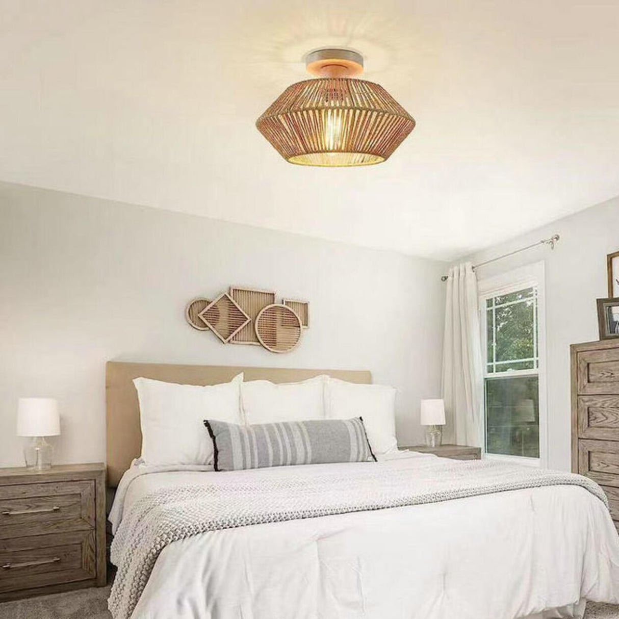 Rustic Mini Weaving Wood Semi-Flush Mount Ceiling Light Image - 2