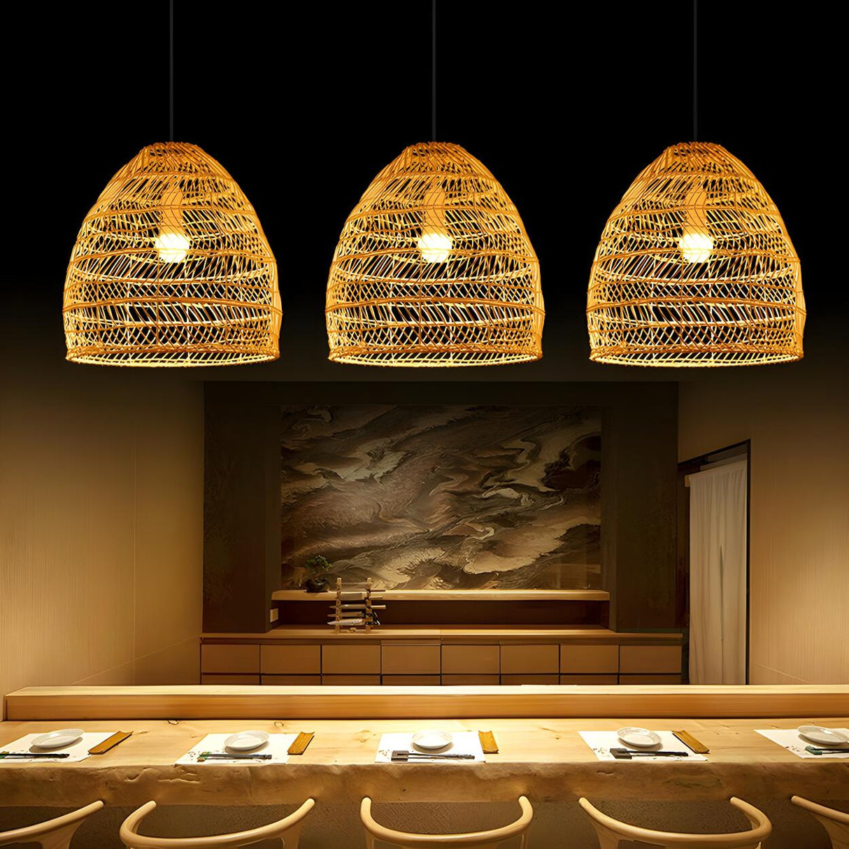 Rustic Modern Beige Rattan Bell Restaurant Pendant Light Image - 1