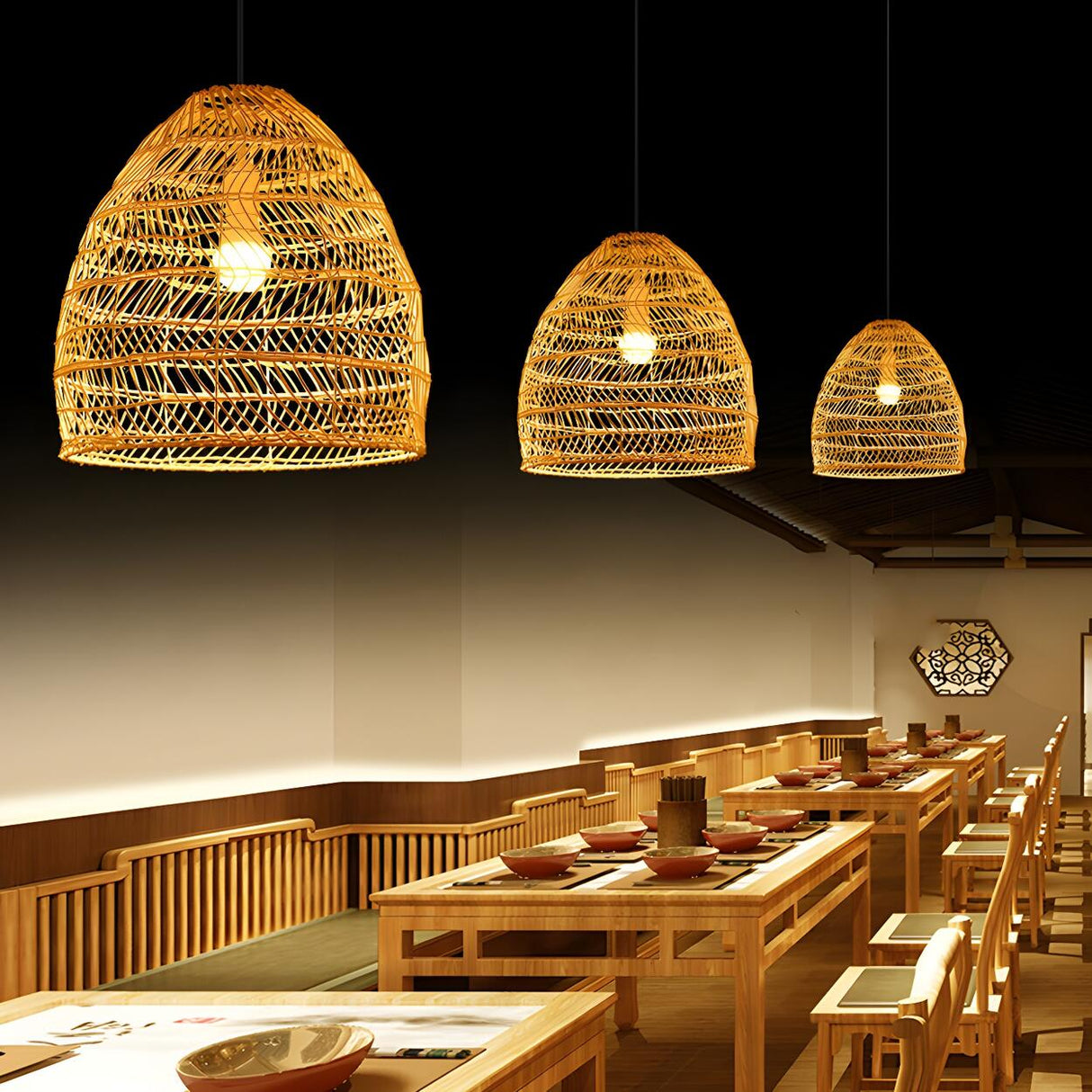 Rustic Modern Beige Rattan Bell Restaurant Pendant Light Image - 2