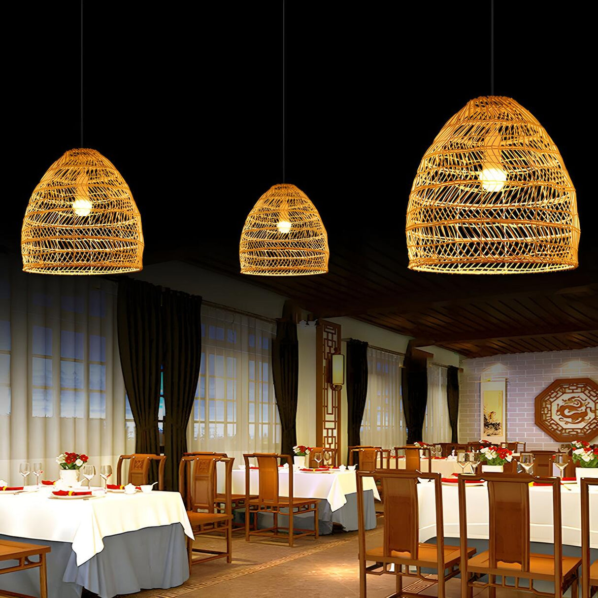 Rustic Modern Beige Rattan Bell Restaurant Pendant Light Image - 3