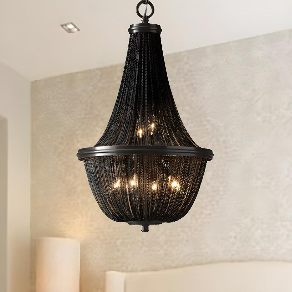 Rustic Modern Black Beaded Basket Metal Chandelier Image - 2