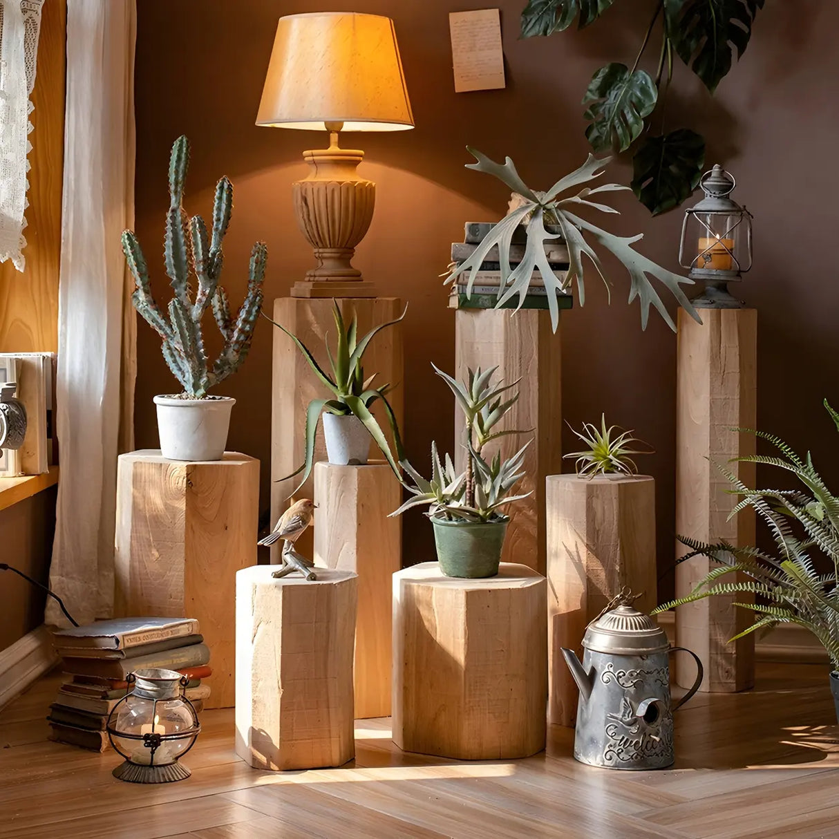 Rustic Natural Rectangular Solid Wood Floor Plant Stand Image - 1