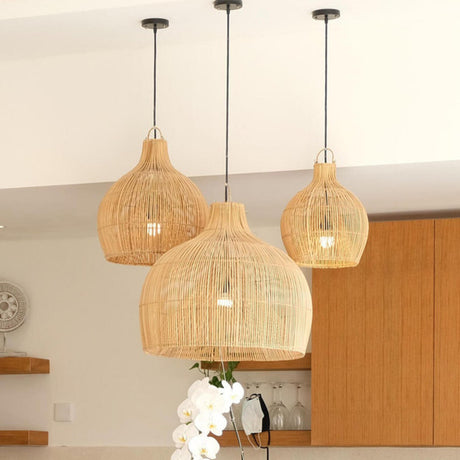 Rustic Rattan Woven Drum Cane Pendant Light Image - 2