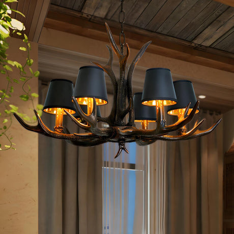  Rustic Resin Antler Black Fabric Restaurant Chandelier Image - 2