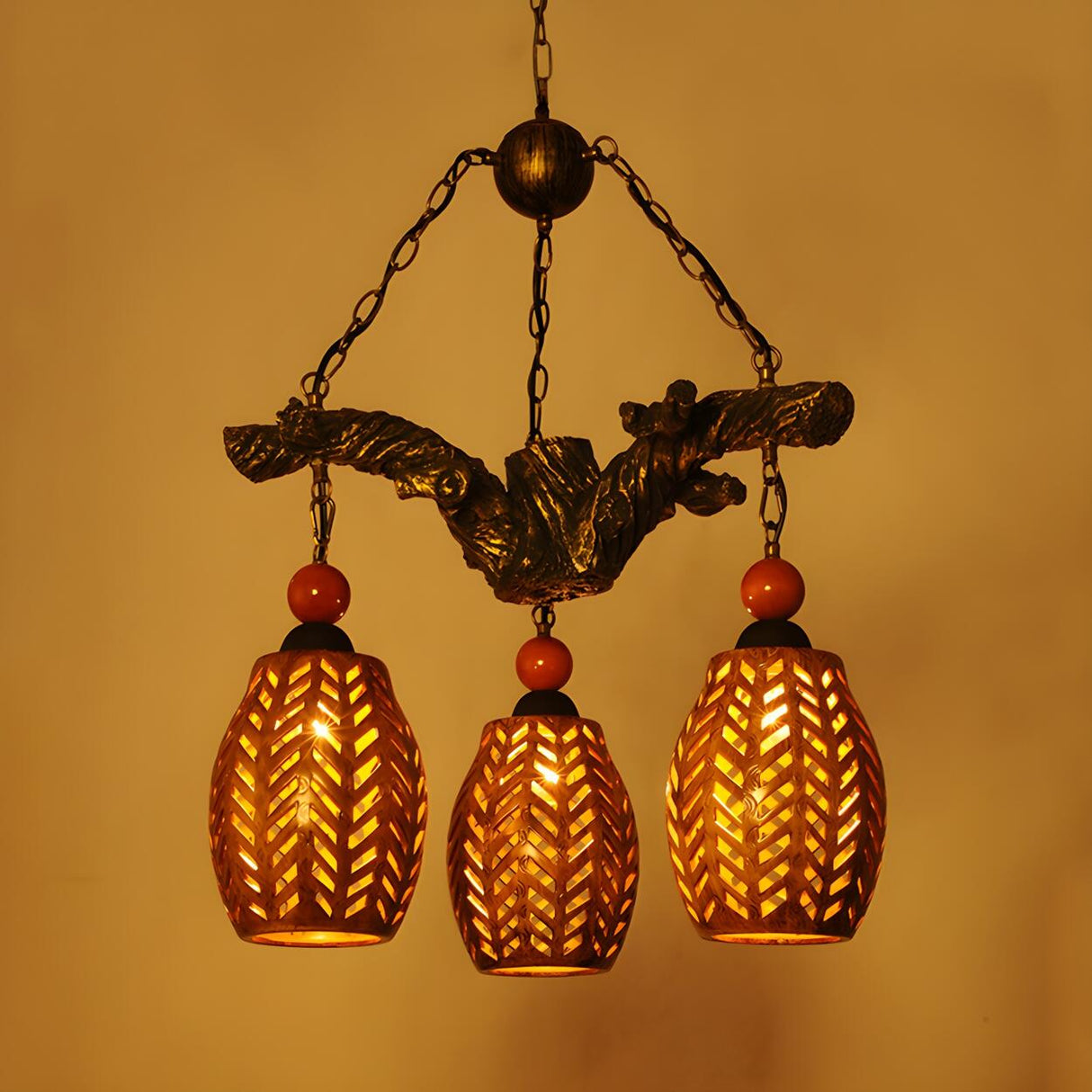 Rustic Resin Branch Carved Amber Lantern Pendant Chandelier Image - 4