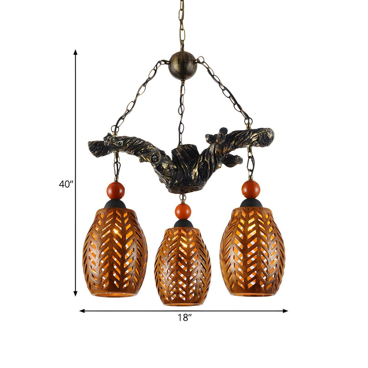 Rustic Resin Branch Carved Amber Lantern Pendant Chandelier 