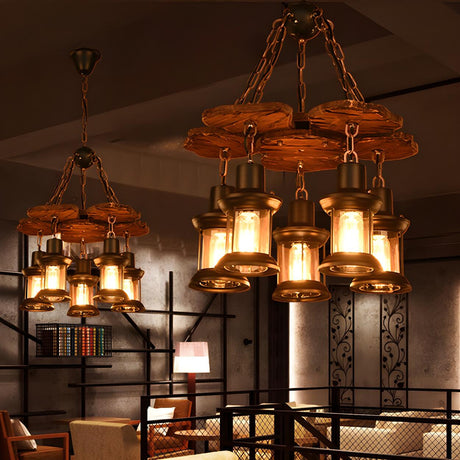 Rustic Restaurant Wood and Metal Lantern Chandelier Image - 1