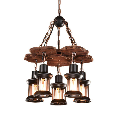 Rustic Restaurant Wood and Metal Lantern Chandelier Image - 2