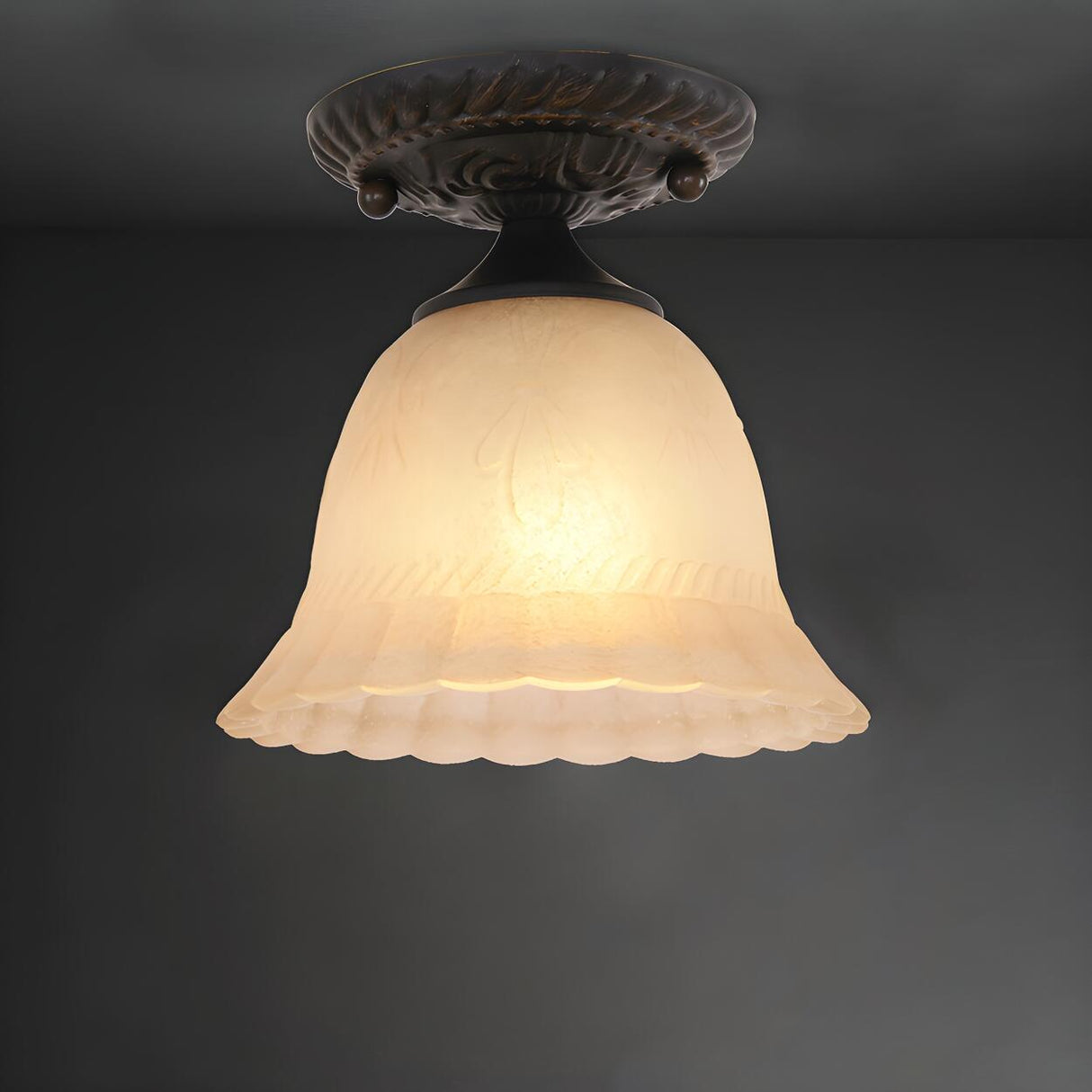 Rustic Ribbed Glass Bell-Shaped Semi-Flush Mount Light Image - 1