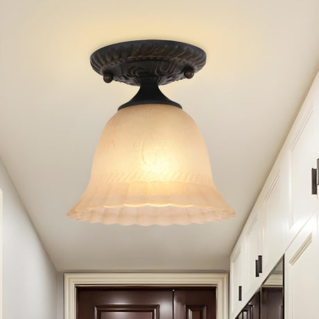 Rustic Ribbed Glass Bell-Shaped Semi-Flush Mount Light Image - 2