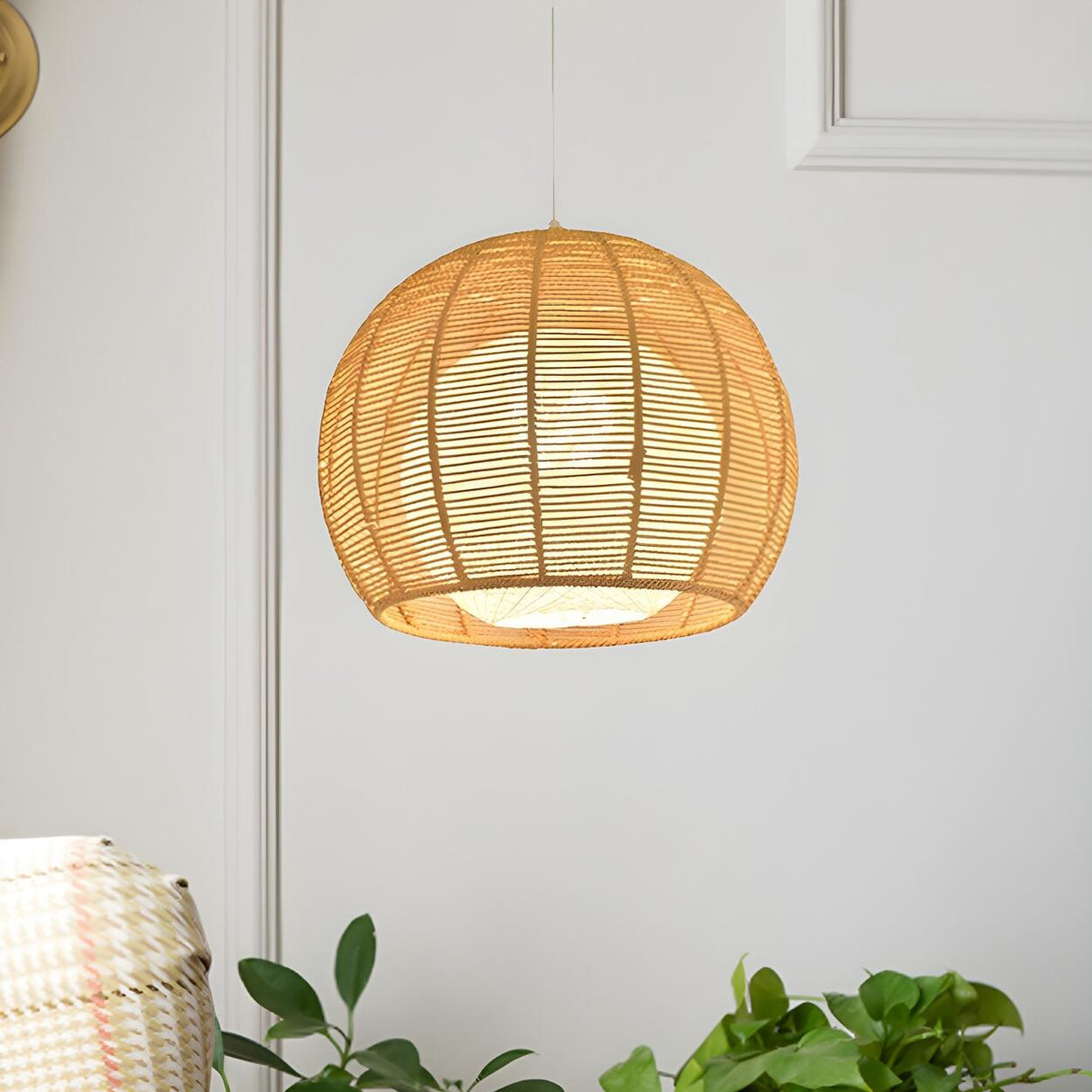 Rustic Rope Natural Rattan Orb Living Room Pendant Light Image - 7