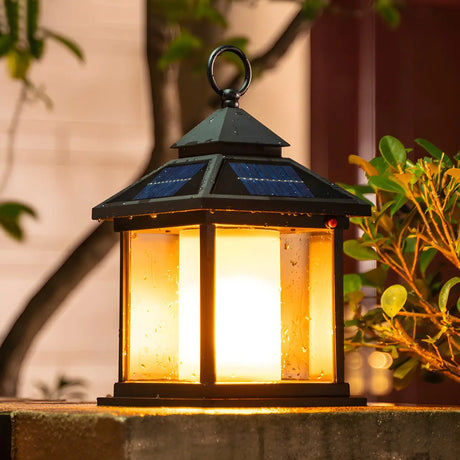 Rustic Solar Lantern Black Outdoor Garden Decor Lamp Image - 1