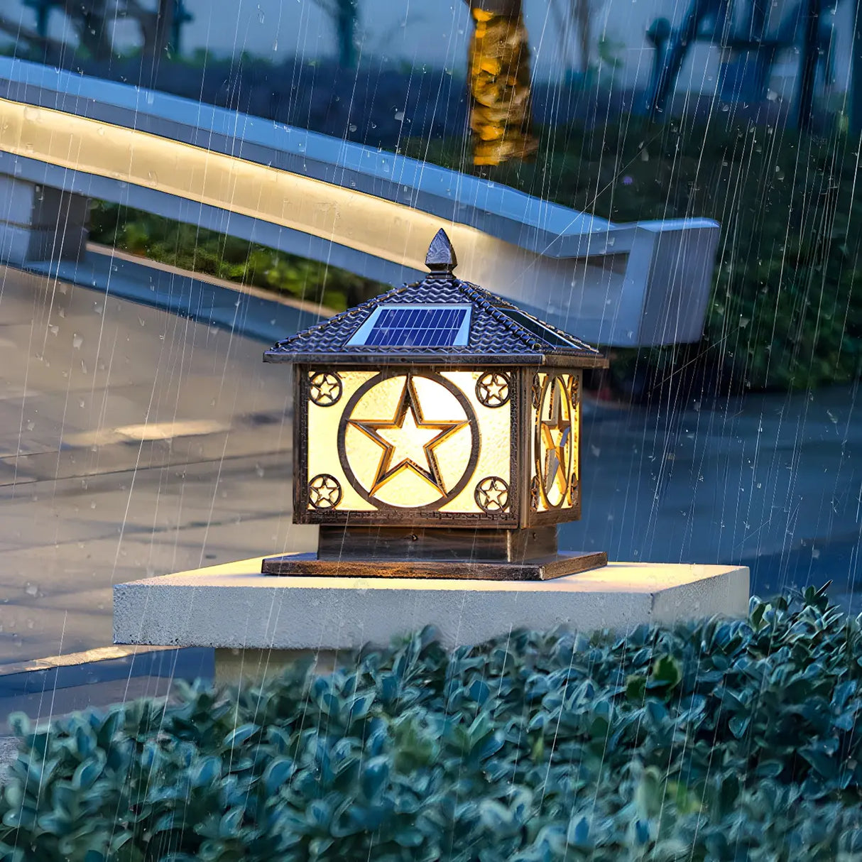 Rustic Star Solar Pillar Lantern LED Outdoor Table Lamp Image - 1