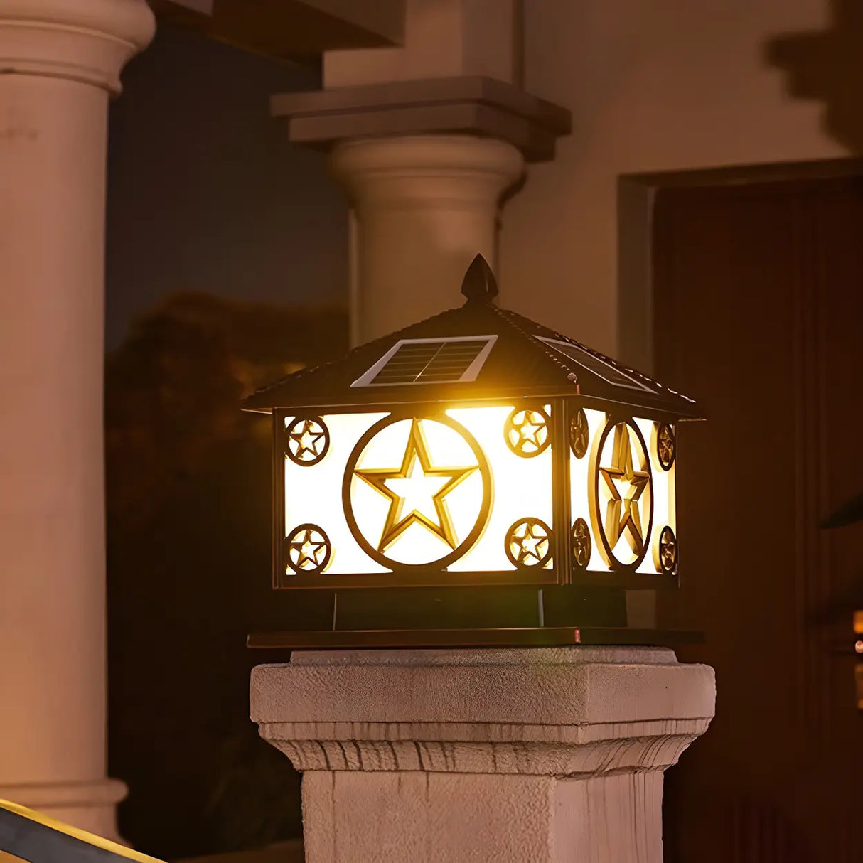 Rustic Star Solar Pillar Lantern LED Outdoor Table Lamp Image - 5