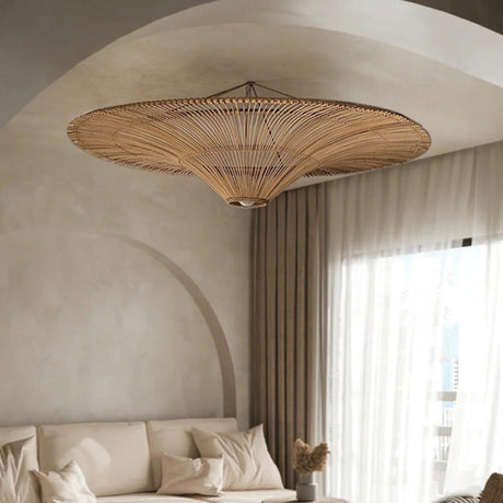 Rustic Straw Hat Woven Rattan Semi-Flush Mount Light Image - 1