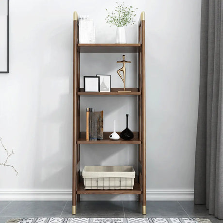 Rustic Style Brown Ladder Walnut Wood Display Bookcase Image - 1