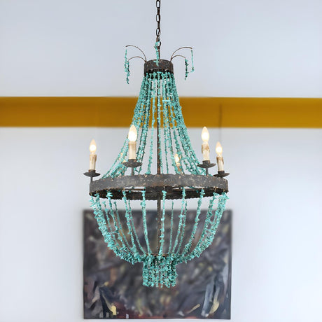 Rustic Turquoise Green Beaded Round Tiered Chandelier Image - 1