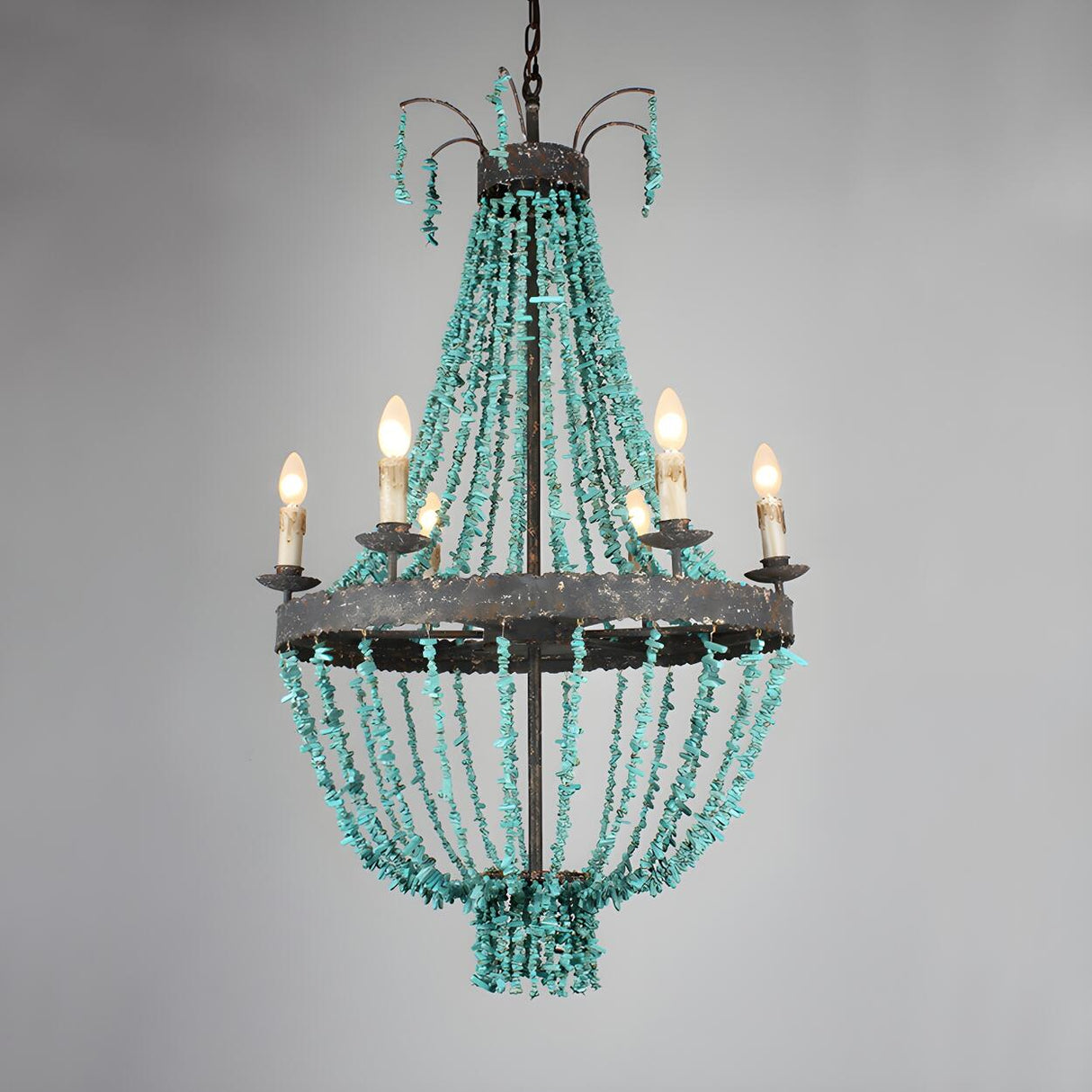 Rustic Turquoise Green Beaded Round Tiered Chandelier Image - 3