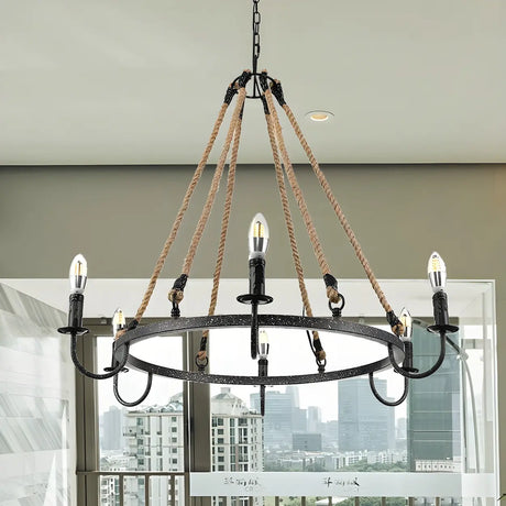 Rustic Wagon Wheel Candle Pendant Chandelier Dining Room Image - 2