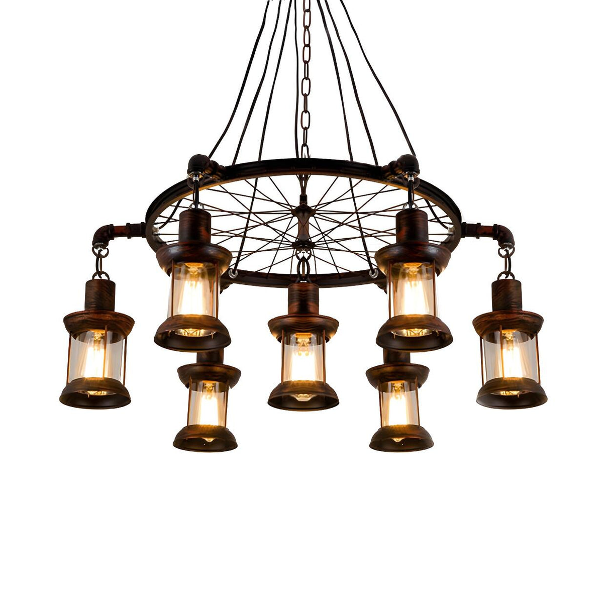 Rustic Wagon Wheel Clear Glass Lantern Chandelier Image - 4