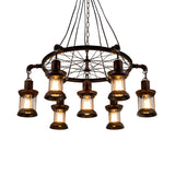 Rustic Wagon Wheel Clear Glass Lantern Chandelier Image - 4