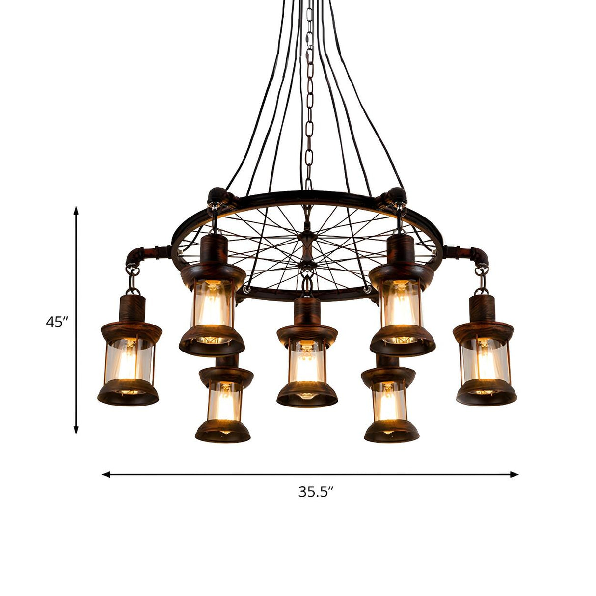 Rustic Wagon Wheel Clear Glass Lantern Chandelier Image - 5