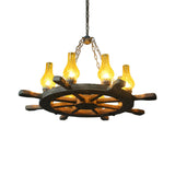 Rustic Wagon Wheel Yellow Crackle Glass Pendant Chandelier Image - 4