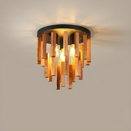 Rustic Walnut Wood Sticks Flush Mount Ceiling Light Image - 2