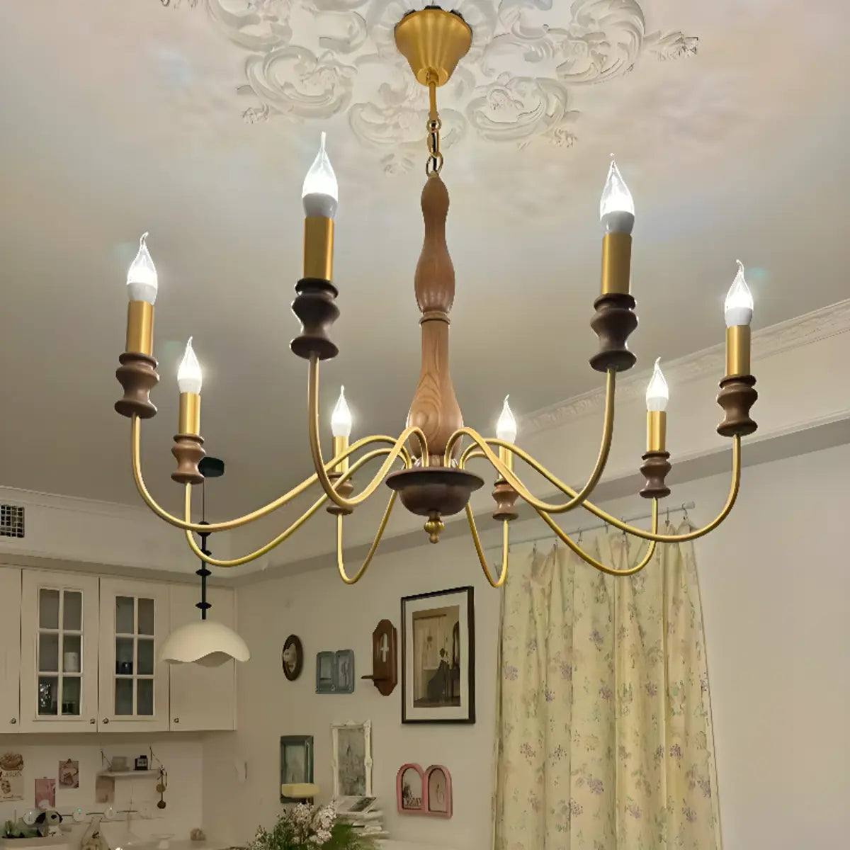 Rustic Wood and Metal Candle Chandelier Adjustable Height Image - 7