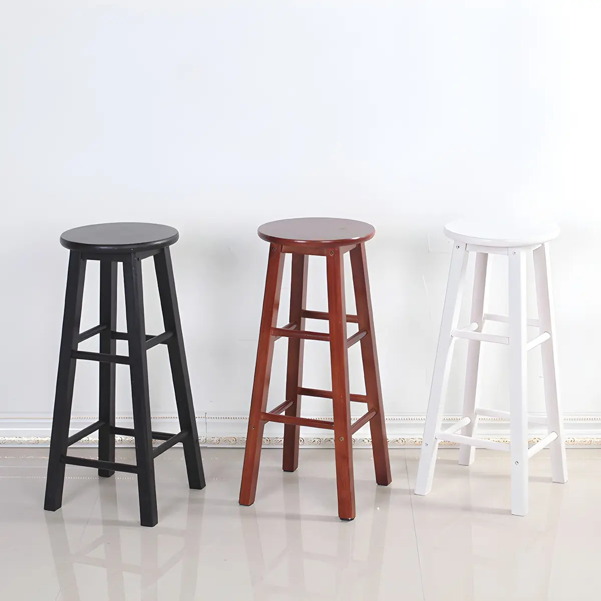 Rustic Wood Black Walnut White Round Bar Stool With Footrest Image - 15