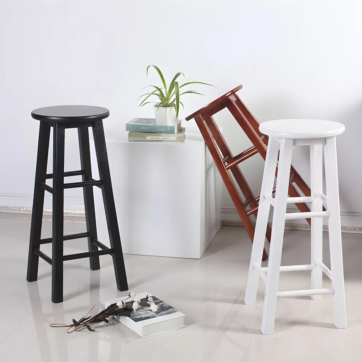 Rustic Wood Black Walnut White Round Bar Stool With Footrest Image - 8