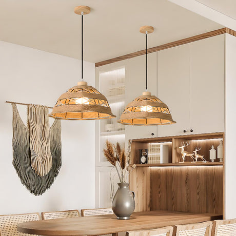 Rustic Wood Color Rope Vaulted Cone Pendant Light Image - 1