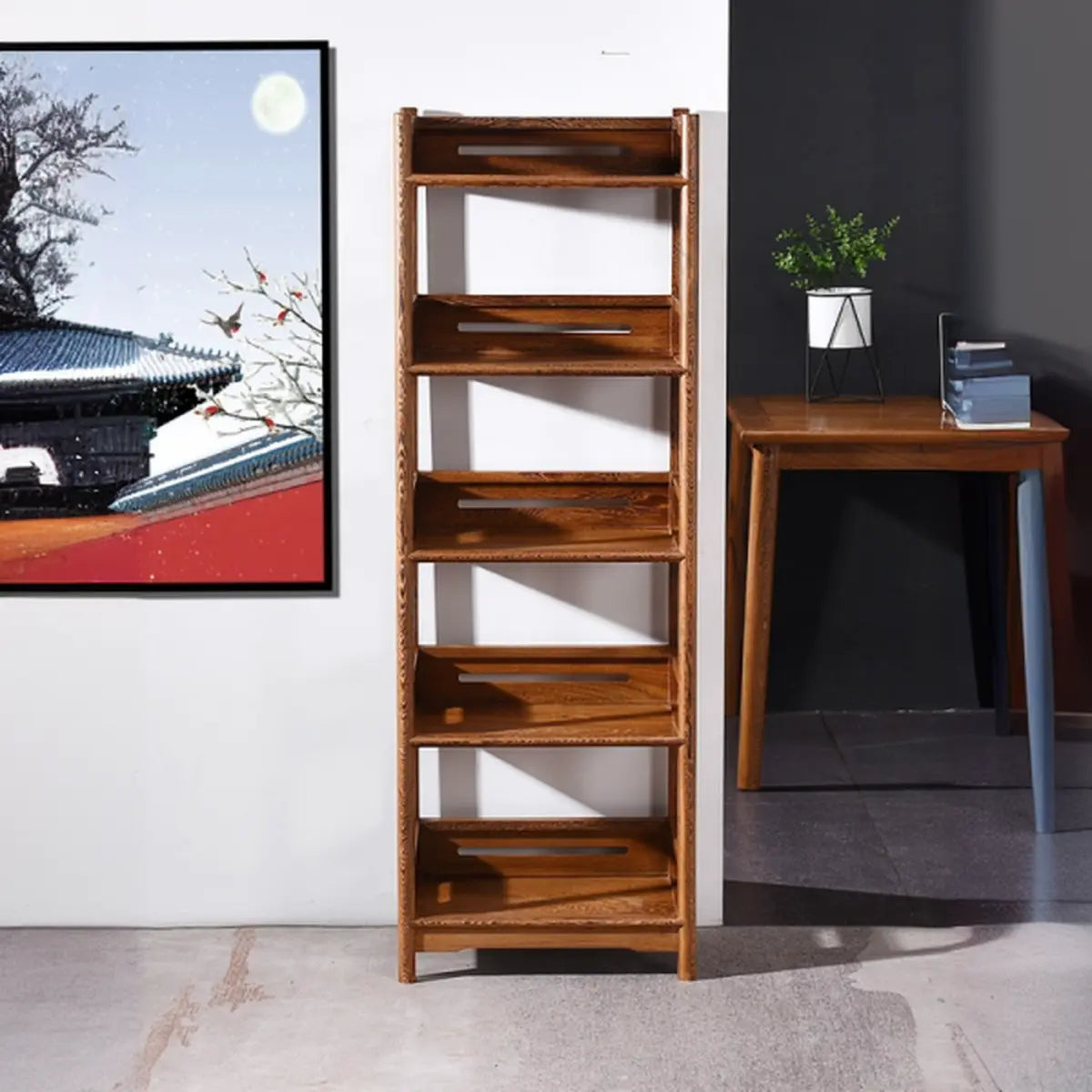 Rustic Wood Vertical 5 Shelves Open Storage Bookshelf Image - 1