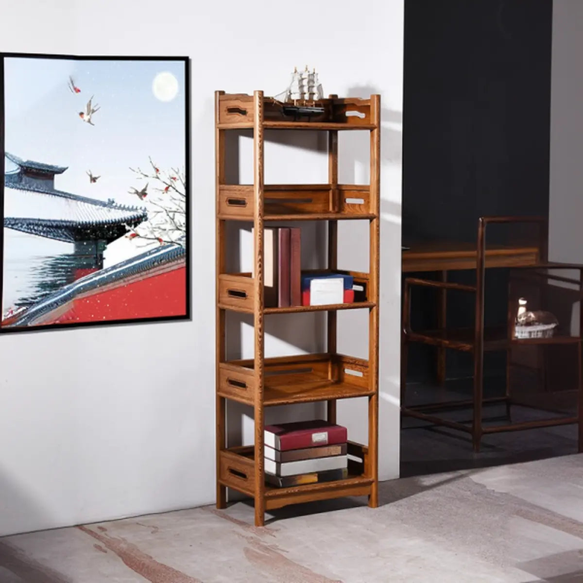 Rustic Wood Vertical 5 Shelves Open Storage Bookshelf Image - 6